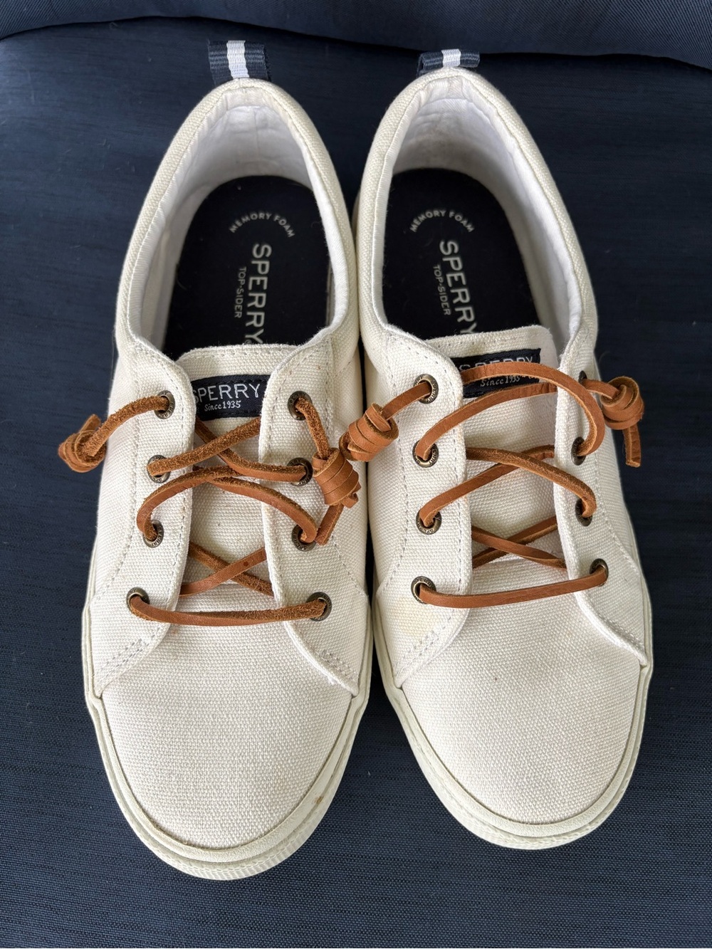 Sperry Women’s Cream Canvas Boat Shoes with Brown Leather Laces